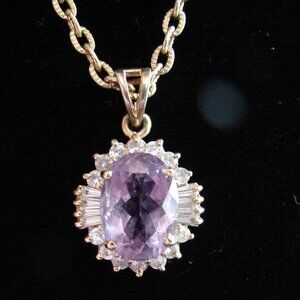 Purple Amethyst & CZ Pendant NECKLACE, 925 Silver/Gold Plated, 24" Chain E34